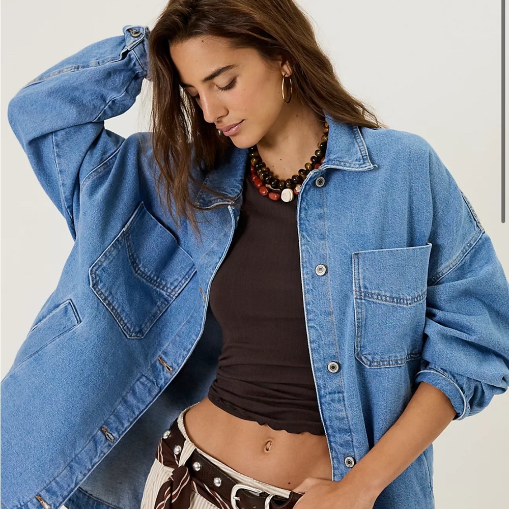 We The Free Madison City Medium Blue Oversized Denim Jacket Free People